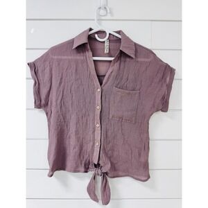 Perception Concept Mauve Purple Gauze Tie Front Button Up Short Sleeve Top Small